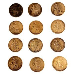Lot Of 12 Bronze English Pennies 1901 Oldest 1921 Youngest